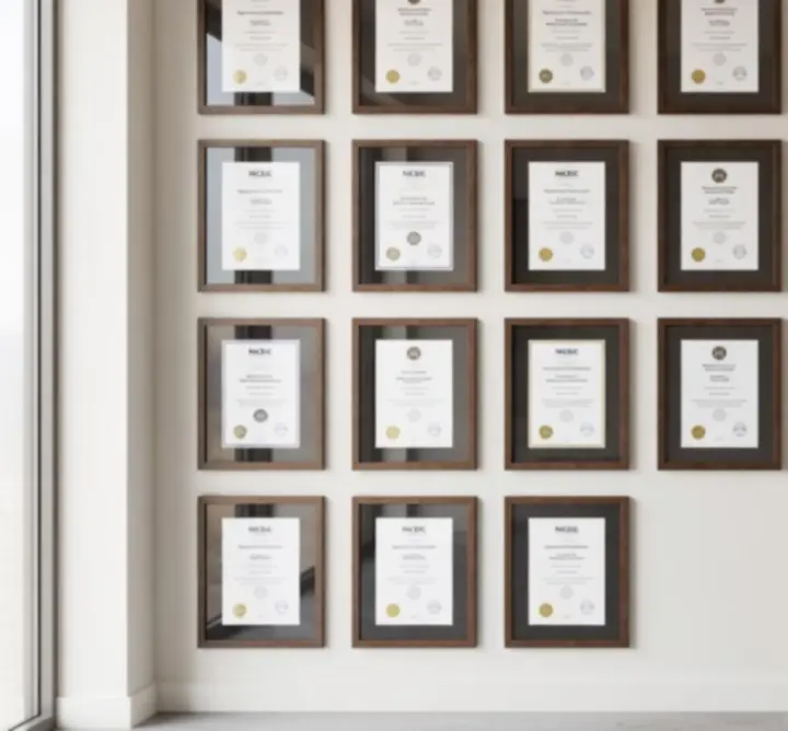 Industry accreditation certificates displayed on a wall at PAC ELECTRICS LTD