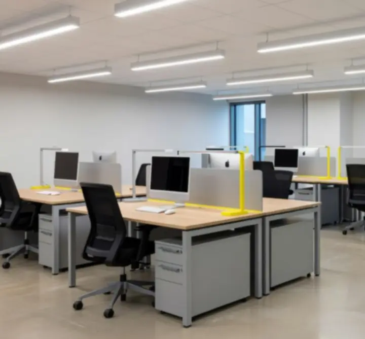 Modern open-plan office with suspended LED lighting and illuminated workstations