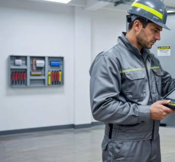 Electrician performing an electrical safety inspection