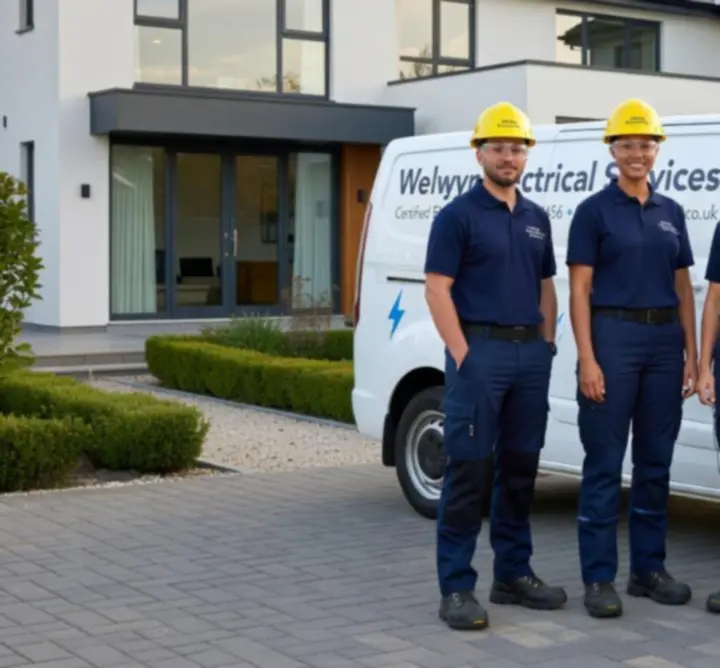 PAC ELECTRICS LTD electricians with a branded van outside a client property in Welwyn Garden City.