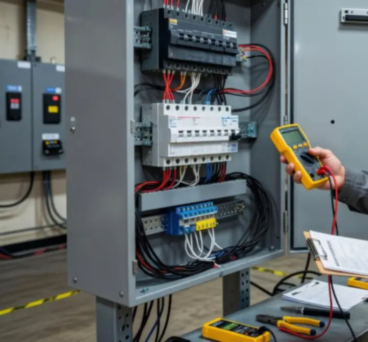 PAC ELECTRICS LTD electrician showing credentials during an on-site electrical compliance inspection