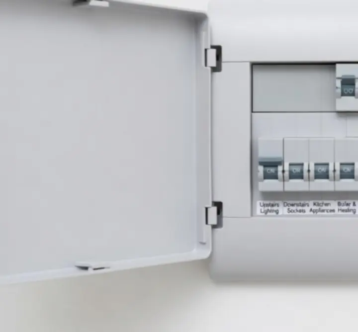 Clearly labelled electrical consumer unit with neatly arranged breakers for easy identification