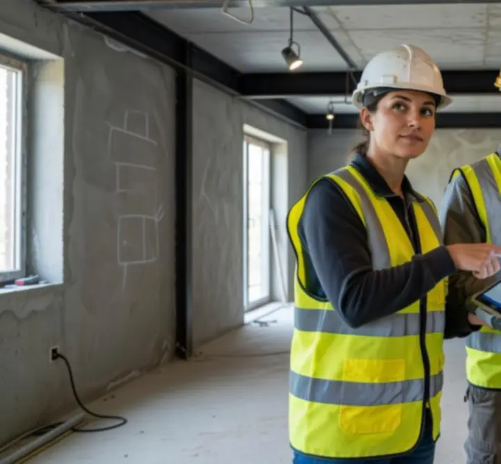 Project manager from PAC ELECTRICS LTD reviewing electrical plans on a commercial site