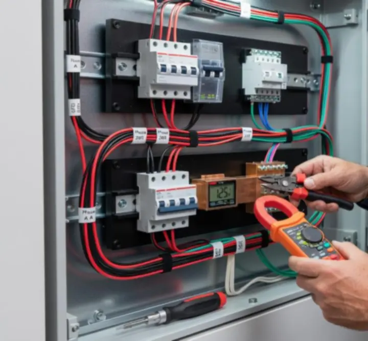 Installation specialist carrying out detailed electrical work on a neatly wired distribution board