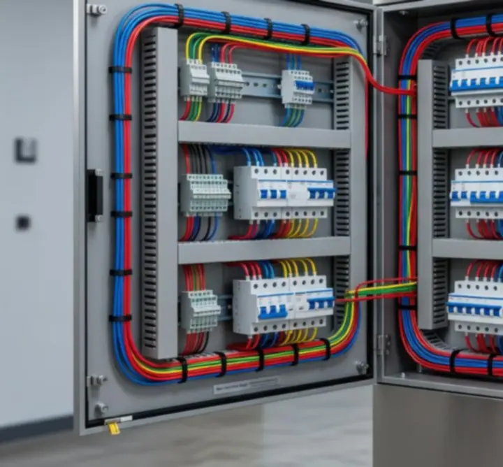 Neatly wired electrical switchboard with clearly labelled circuits.